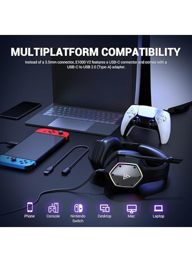 EKSA E1000 V2 Gaming Headset, PC Headset with USB C Plug, Wired Headphones with Noise Canceling Microphone, 7.1 Surround Sound, RGB Light, include USB Adapter for Computer,Mac, PS4/PS5 Console, Laptop - Image 5